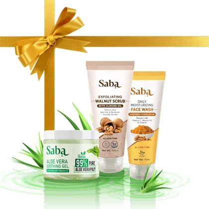 Saba Natural Facial Kit | Daily Moisturizing Turmeric & Almond Facewash, Walnut Scrub With Kashmiri Walnut Shell & Pure Aloe Vera Gel With Vitamin E for Face, Skin and Hair | Combo Of 3 Products