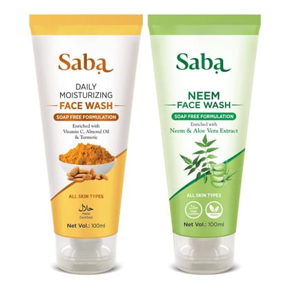 Saba Daily Moisturizing & Neem Face Wash Combo | All Skin Types | 100 ml Each | Pack Of 2
