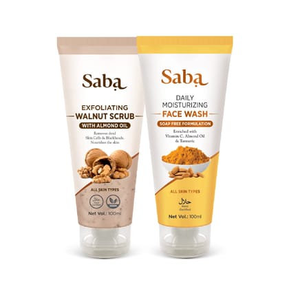 Saba Exfoliating Walnut Scrub & Saba Daily Moisturizing Face Wash | Face Care Combo | All Skin Types | 100 ml Each | Pack Of 2