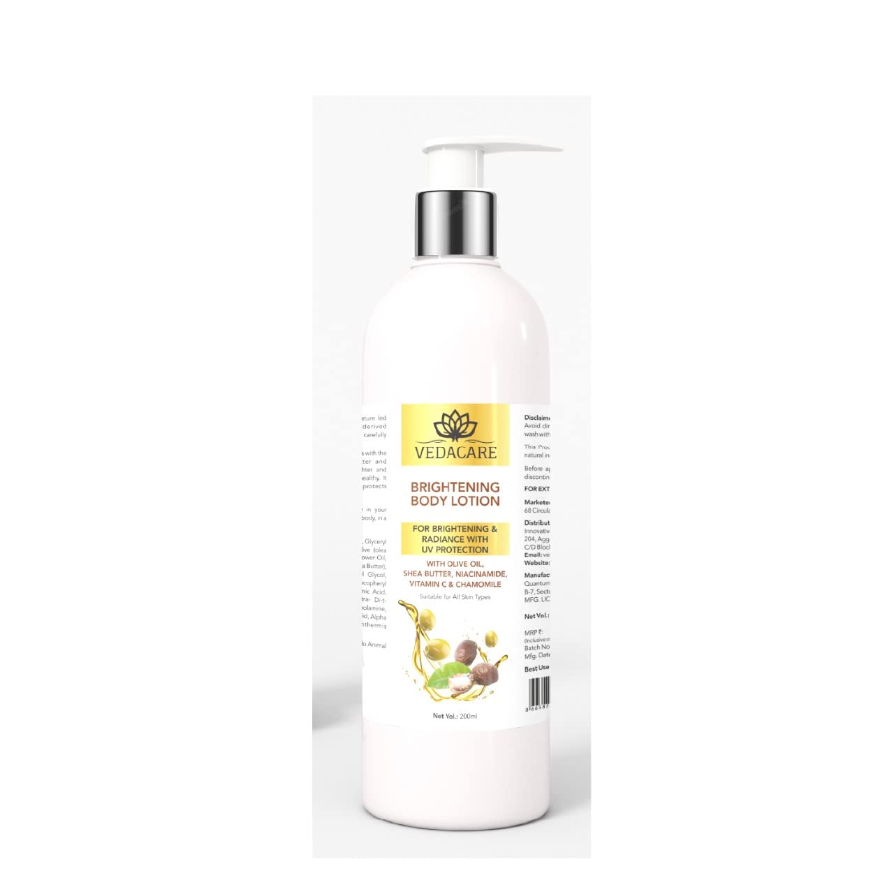 Vedacare Brightening Body Lotion 200 ml - With Niacinamide, Olive Oil, Shea butter, Vitamin C & Chamomile - for Fairness, brightening, moisturizing, Sun protection, Hyperpigmentation