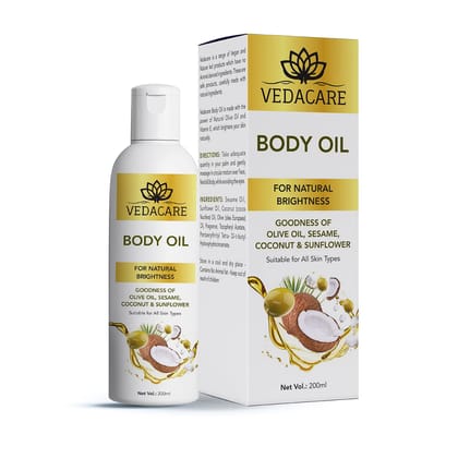 Vedacare Body Oil - for natural brightness, No Mineral oil, non greasy, Contains Olive oil, Sesame oil, Coconut, Sunflower, Natural Moisturization
