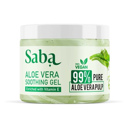 Saba Pure Aloe Vera Gel Enriched With Vitamin E for Acne, Scars, Glowing & Radiant Skin, Moisturization, after sun, Hair application, Natural Face care, 100gm