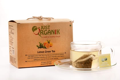 Just Organik Lemon Green Tea - 20 Hand stitched pyramid tea bags, 100% Organic