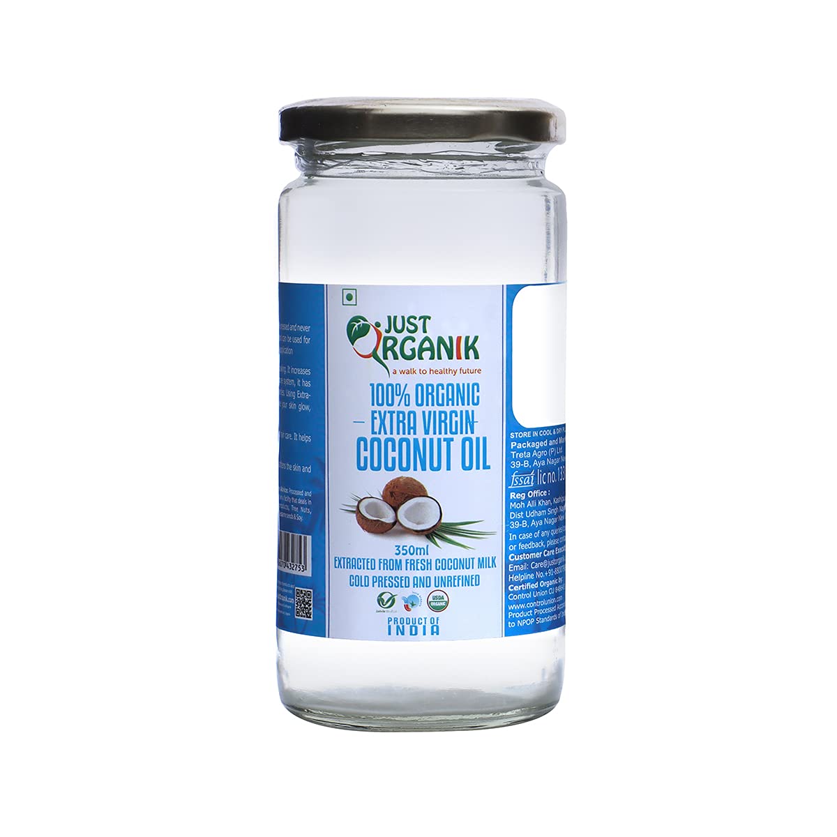 Just Organik Organic Extra Virgin Coconut Oil, 350 ML