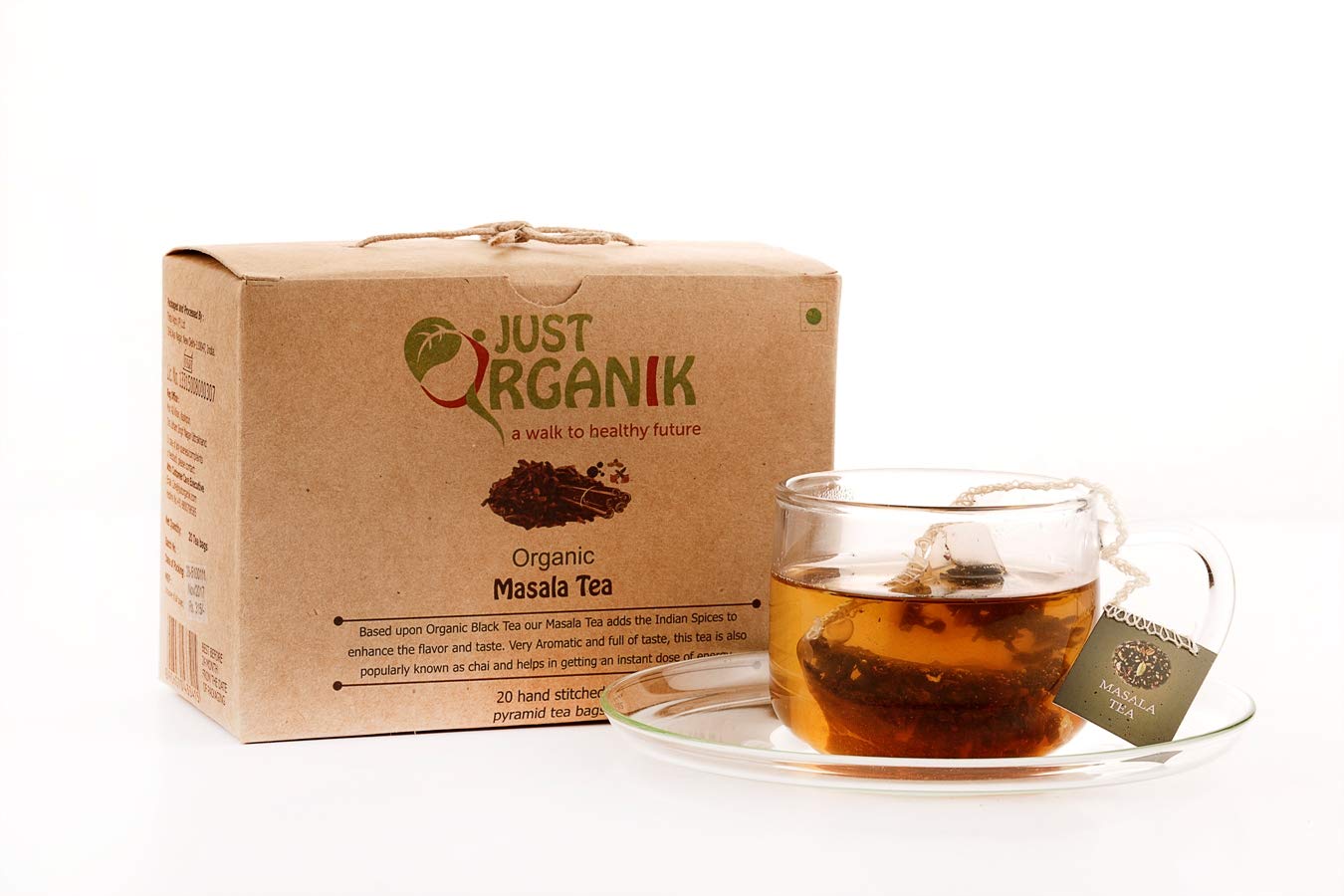 Just Organik Masala Tea - 20 Hand Stitched Pyramid Tea Bags, 100% Organic