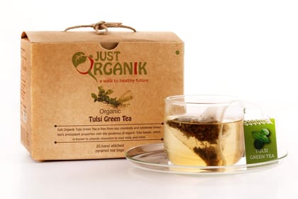 Just Organik Tulsi Green Tea - 20 Hand stitched pyramid tea bags, 100% Organic