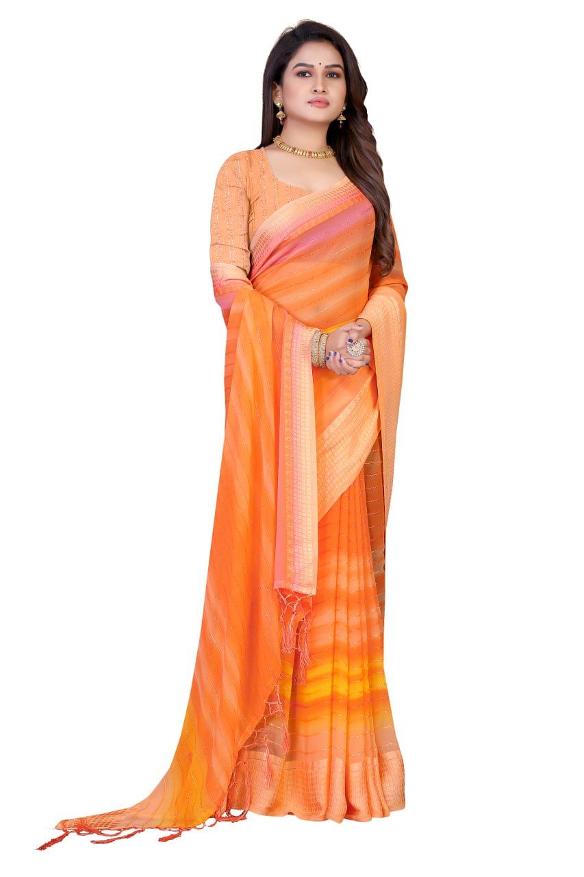 Printed Crochet Work Embroidery Work Saree with Separate Zari Work Blouse for Woman (Color - Peach)