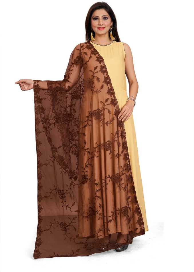 Women Net Embroidery  Fancy Dupatta (Color :- Brown)