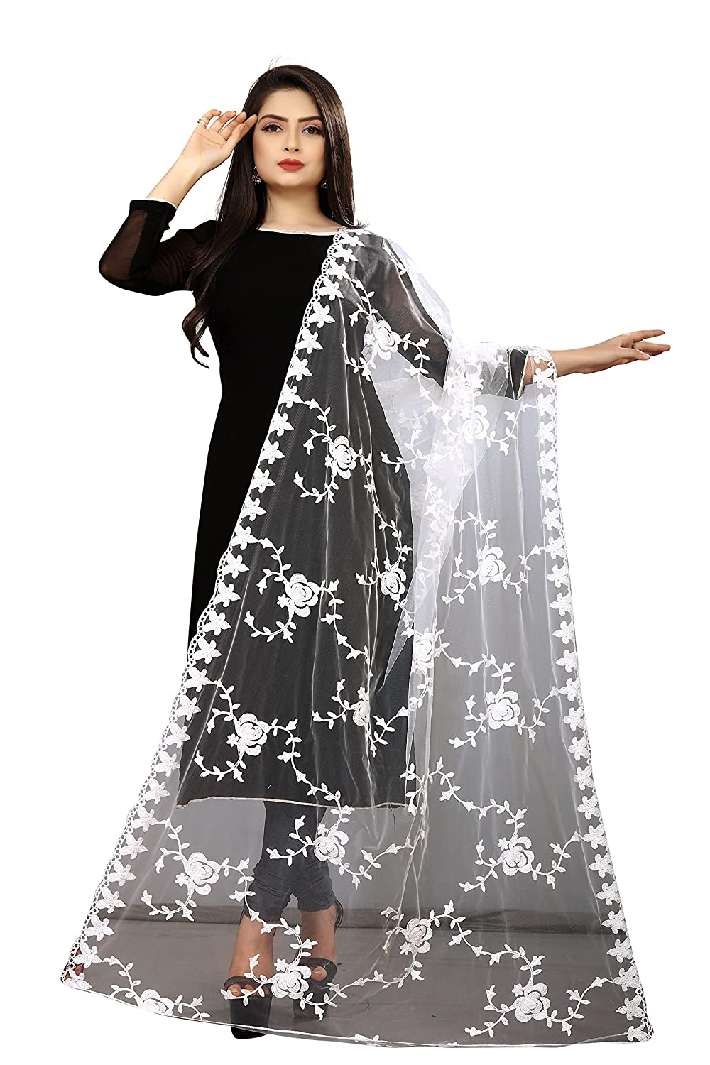 Women Net Embroidery  Fancy Dupatta (Color :- White)