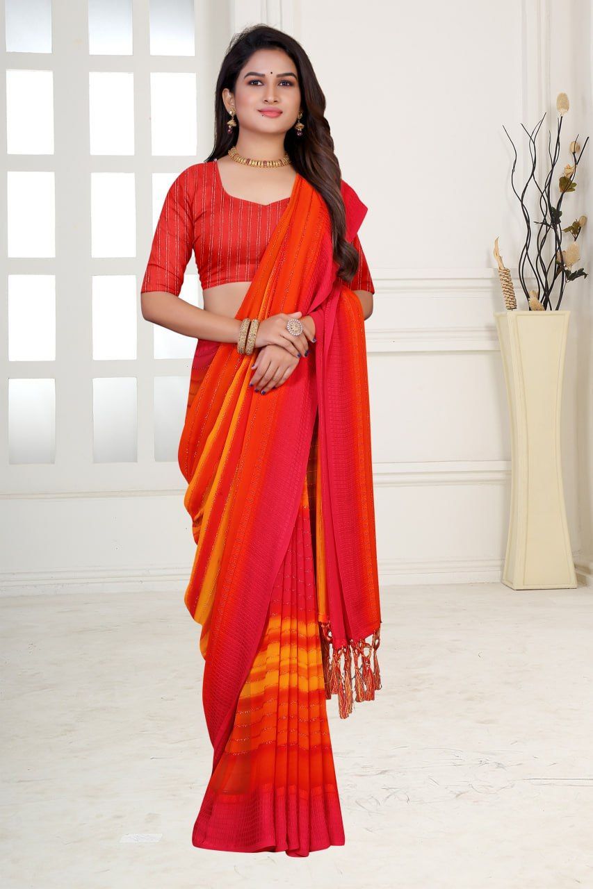 Printed Crochet Work Embroidery Work Saree with Separate Zari Work Blouse For Woman (COLOR - Orange)