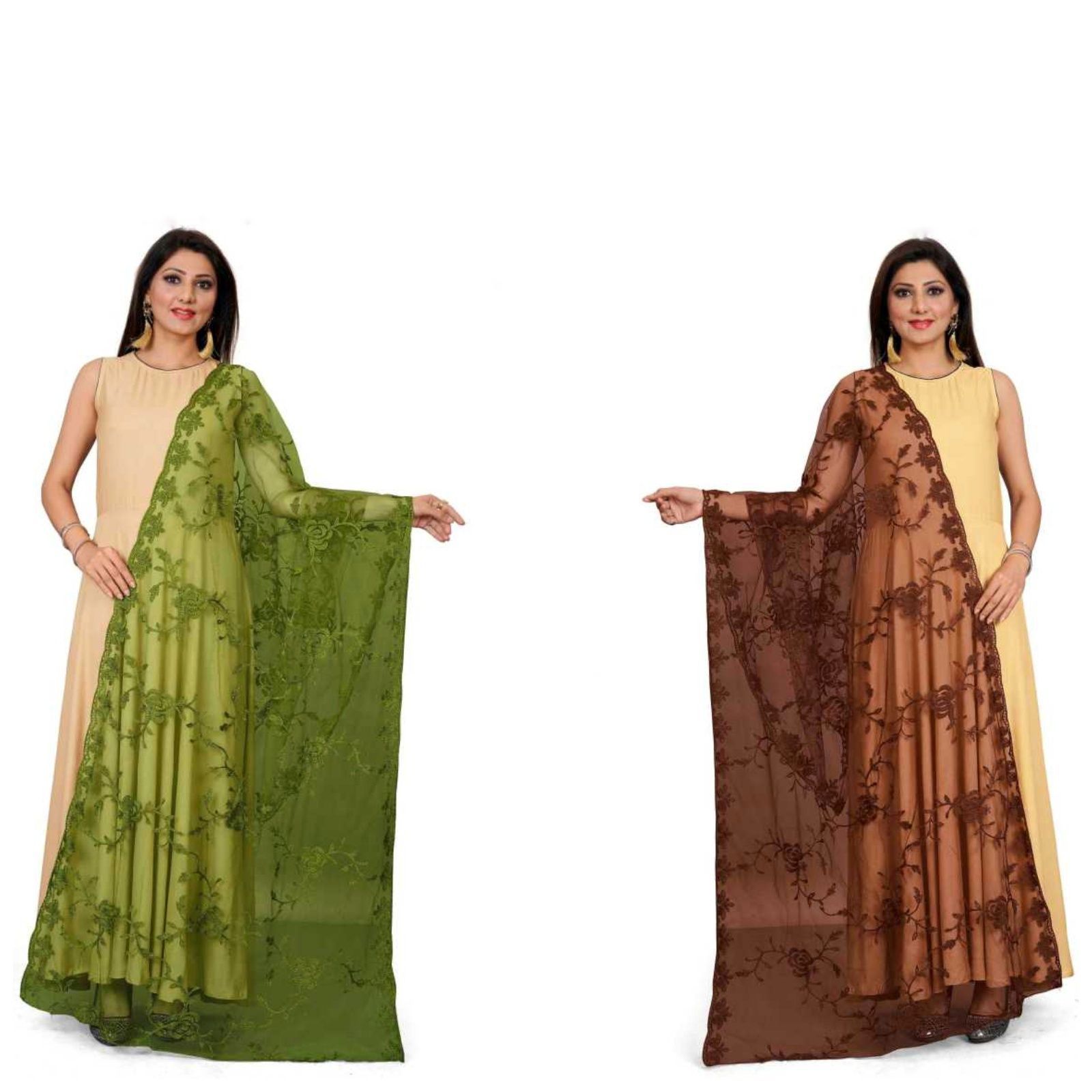 Kaaj Buttons Women's Net Fabric Embroidery Floral Work Combo Dupatta (Color :- Mehndi & Brown)