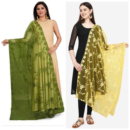 Kaaj Buttons Women's Net Fabric Embroidery Floral Work Combo Dupatta (Color :- Mehndi & Yellow)