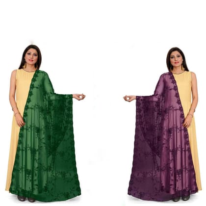 Kaaj Buttons Women's Net Fabric Embroidery Floral Work Combo Dupatta (Color :- Green & Purple)