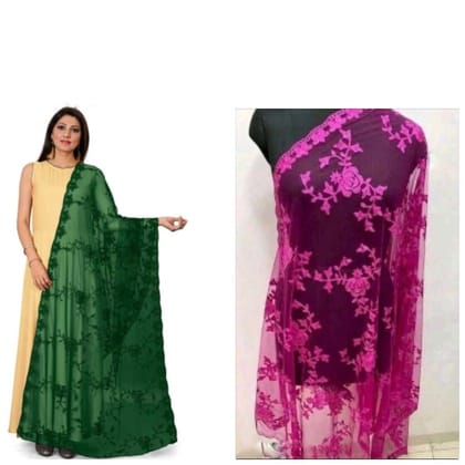 Kaaj Buttons Women's Net Fabric Embroidery Floral Work Combo Dupatta (Color :- Green & Rani-Pink)
