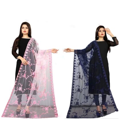 Kaaj Buttons Women's Net Fabric Embroidery Floral Work Combo Dupatta (Color :- Pink & Navy-Blue)