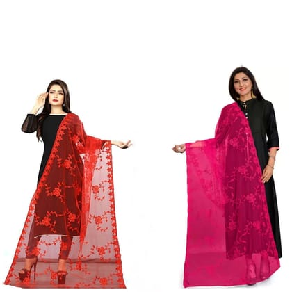 Kaaj Buttons Women's Net Fabric Embroidery Floral Work Combo Dupatta (Color :- Red & Rani-Pink)