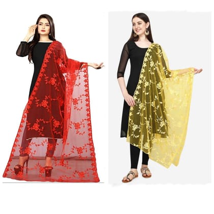 Kaaj Buttons Women's Net Fabric Embroidery Floral Work Combo Dupatta (Color :- Red & Yellow)