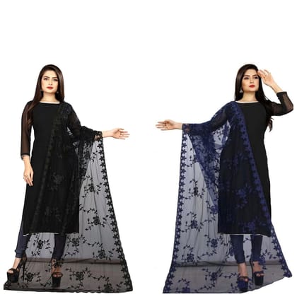 Kaaj Buttons Women's Net Fabric Embroidery Floral Work Combo Dupatta (Color :- Black & Navy-Blue)