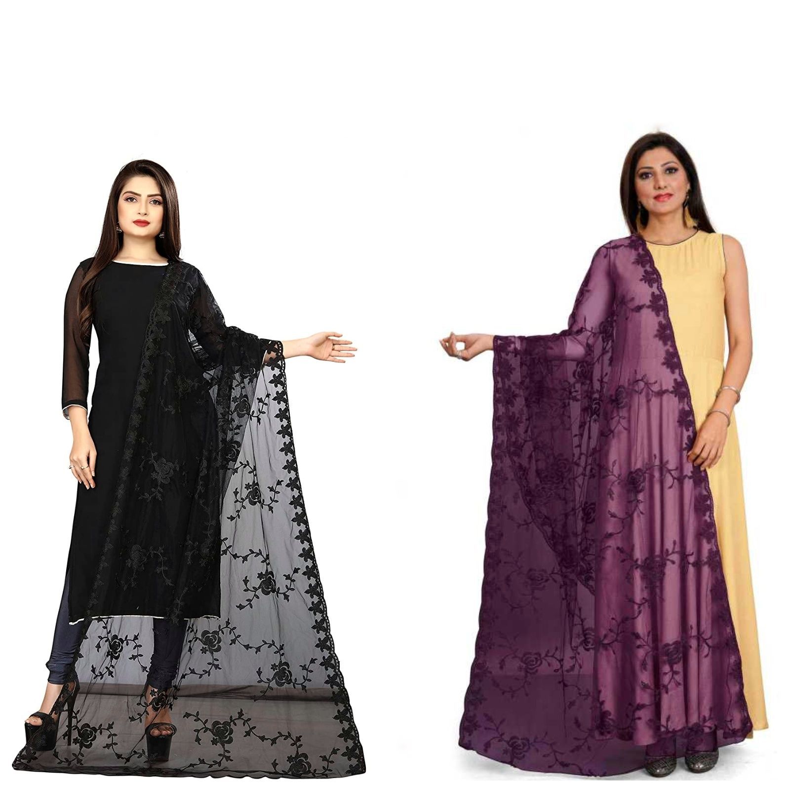 Kaaj Buttons Women's Net Fabric Embroidery Floral Work Combo Dupatta (Color :- Black & Purple)