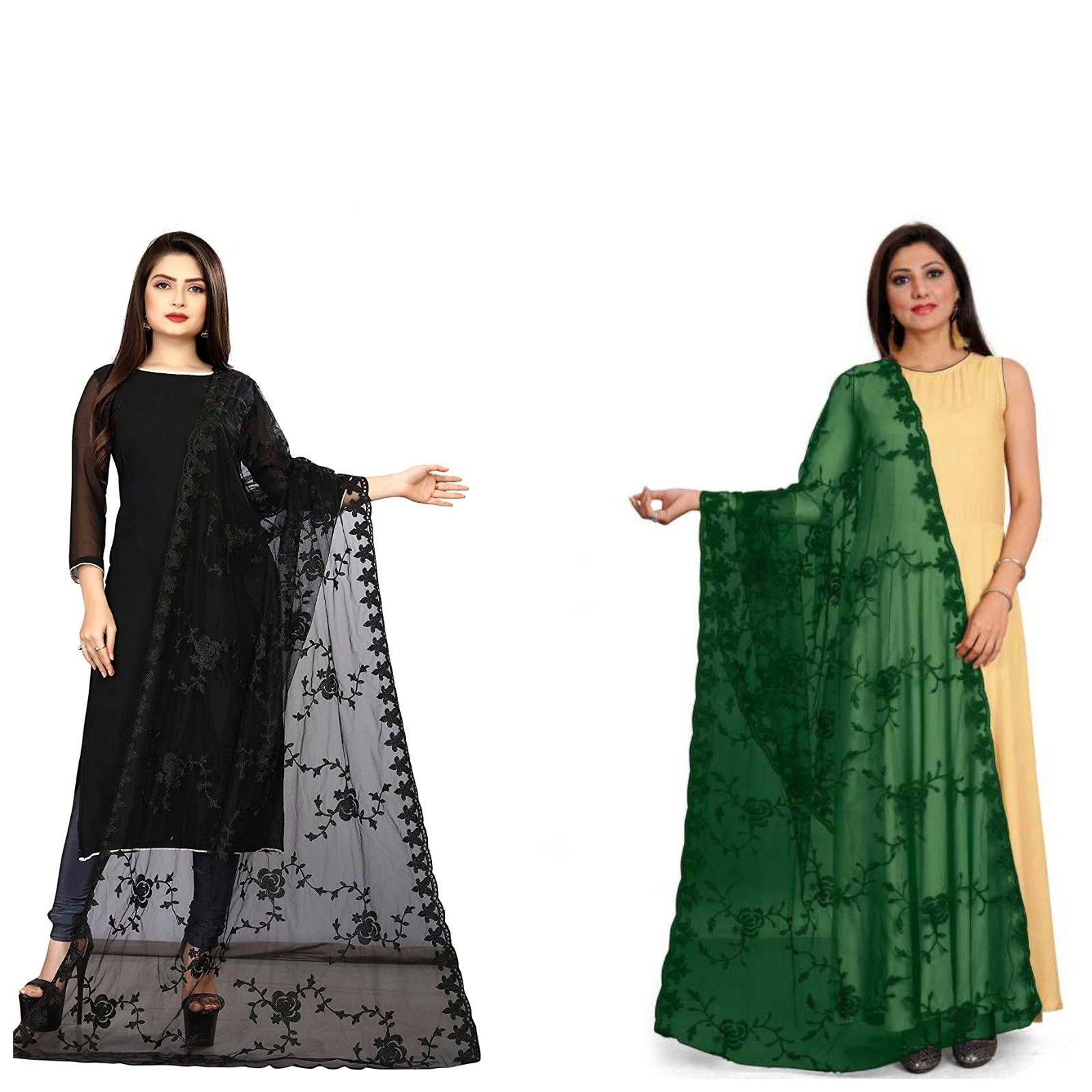 Kaaj Buttons Women's Net Fabric Embroidery Floral Work Combo Dupatta (Color :- Black & Green)