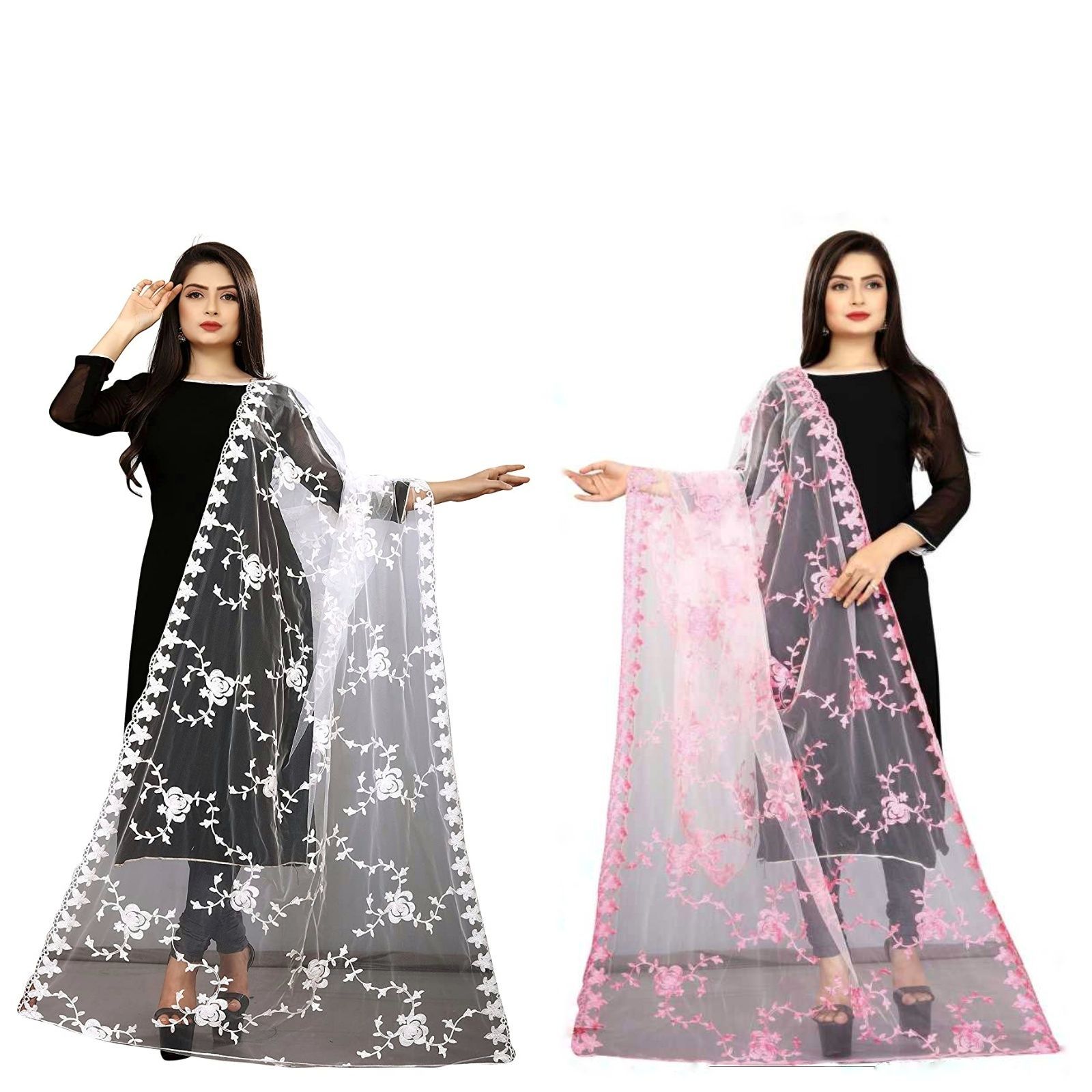 Kaaj Buttons Women's Net Fabric Embroidery Floral Work Combo Dupatta (Color :- White & Baby-Pink)