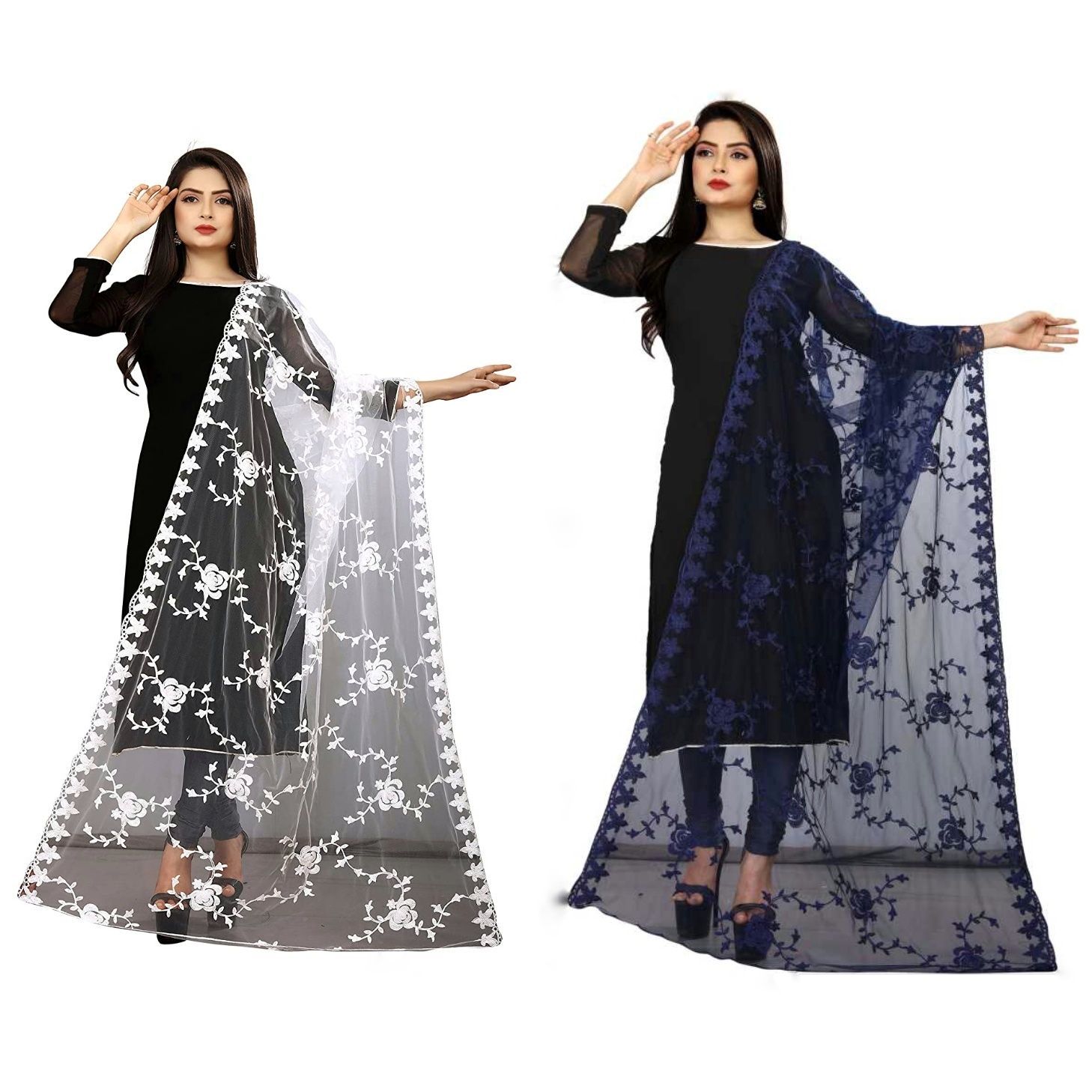 Kaaj Buttons Women's Net Fabric Embroidery Floral Work Combo Dupatta (Color :- White & Blue)