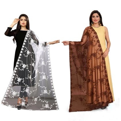 Kaaj Buttons Women's Net Fabric Embroidery Floral Work Combo Dupatta (Color :- White & Brown)