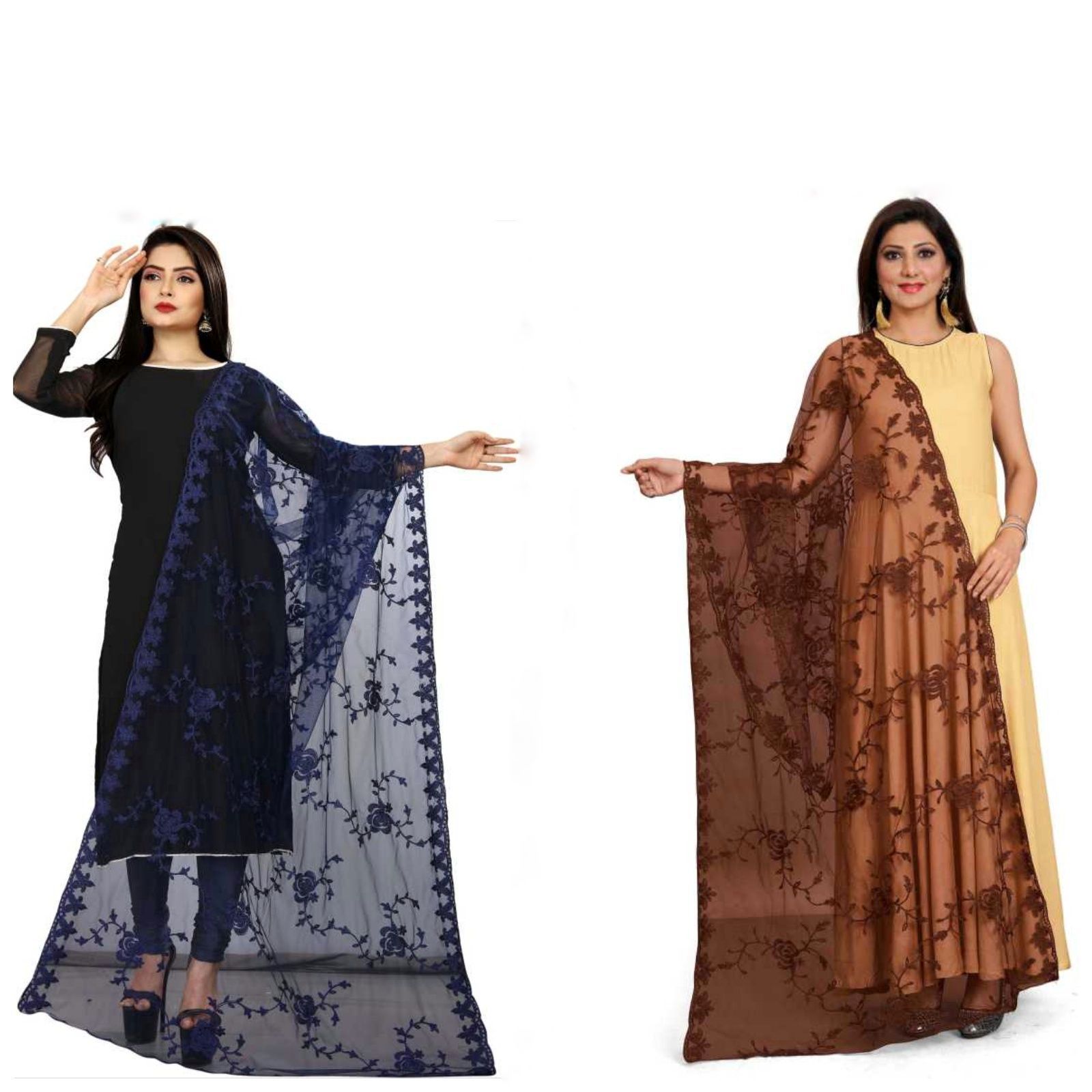 Kaaj Buttons Women's Net Fabric Embroidery Floral Work Combo Dupatta (Color :- Navy-Blue & Brown)