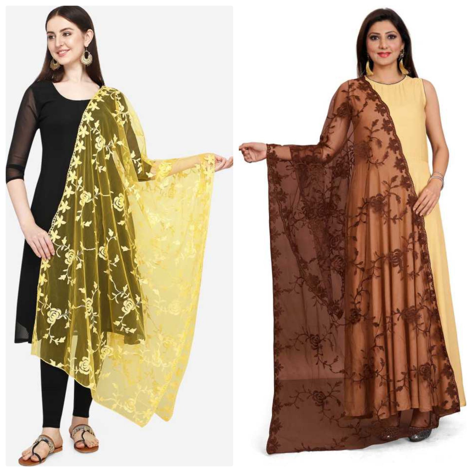 Kaaj Buttons Women's Net Fabric Embroidery Floral Work Combo Dupatta (Color :- Yellow & Brown)