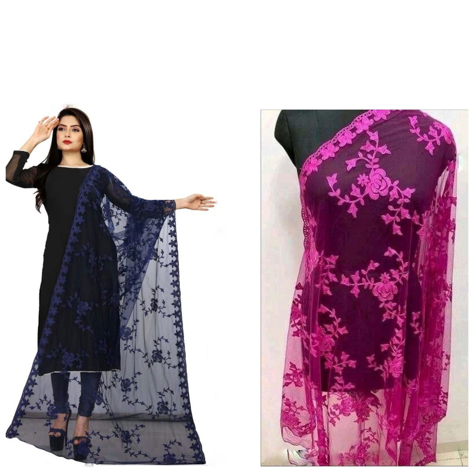 Kaaj Buttons Women's Net Fabric Embroidery Floral Work Combo Dupatta (Color :- Navy-Blue & Rani-Pink)