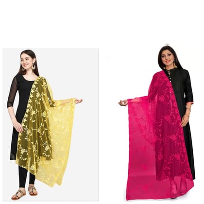 Kaaj Buttons Women's Net Fabric Embroidery Floral Work Combo Dupatta (Color :- Yellow & Rani-Pink)