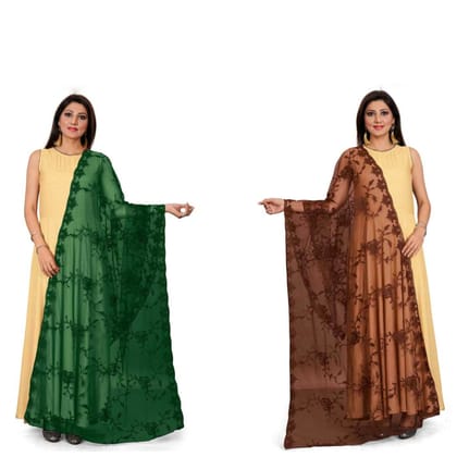 Kaaj Buttons Women's Net Fabric Embroidery Floral Work Combo Dupatta (Color :- Green & Brown)