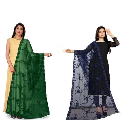 Kaaj Buttons Women's Net Fabric Embroidery Floral Work Combo Dupatta (Color :- Green & Navy-Blue)