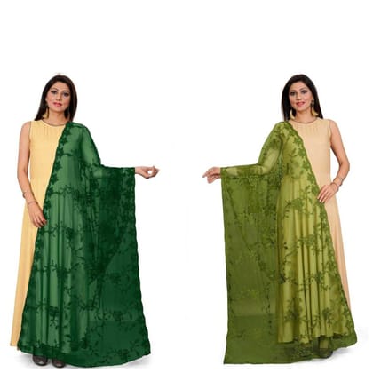 Kaaj Buttons Women's Net Fabric Embroidery Floral Work Combo Dupatta (Color :- Green & Mehndi)