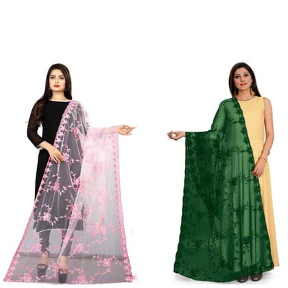 Kaaj Buttons Women's Net Fabric Embroidery Floral Work Combo Dupatta (Color :- Pink & Green)