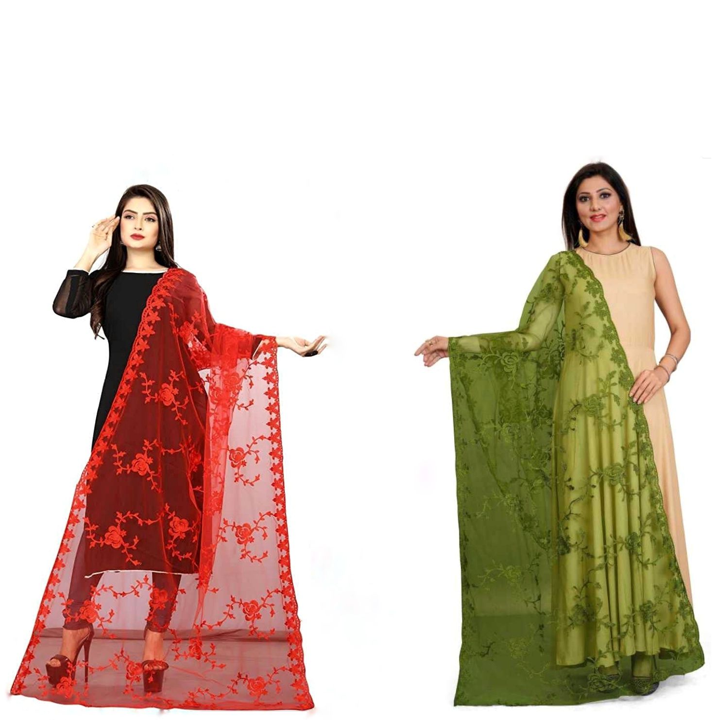 Kaaj Buttons Women's Net Fabric Embroidery Floral Work Combo Dupatta (Color :- Red & Mehndi)