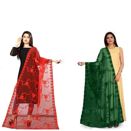 Kaaj Buttons Women's Net Fabric Embroidery Floral Work Combo Dupatta (Color :- Red & Green)