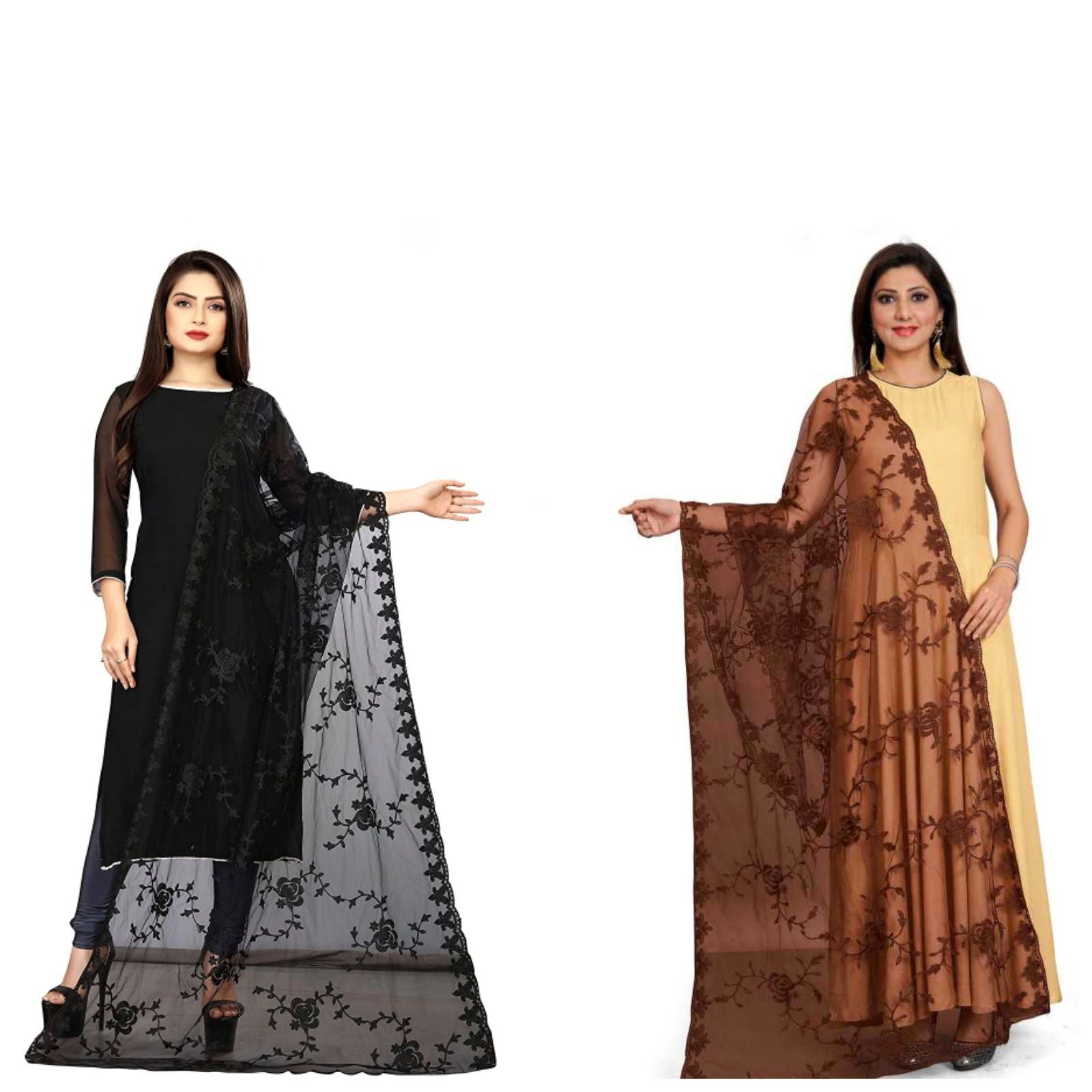 Kaaj Buttons Women's Net Fabric Embroidery Floral Work Combo Dupatta (Color :- Black & Brown)