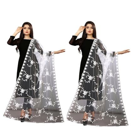 Kaaj Buttons Women's Net Fabric Embroidery Floral Work Combo Dupatta (Color :- White & White)