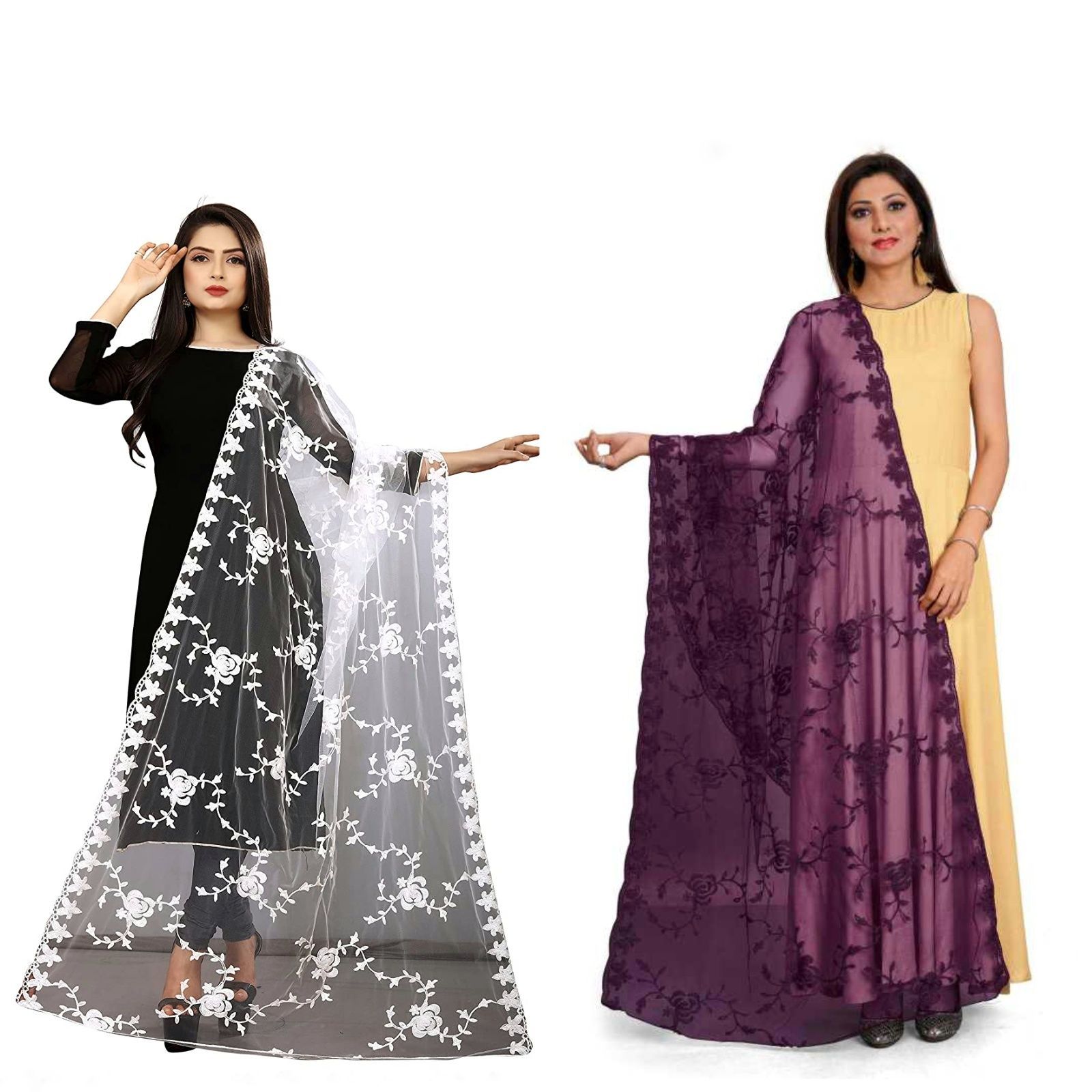 Kaaj Buttons Women's Net Fabric Embroidery Floral Work Combo Dupatta (Color :- White & Purple)