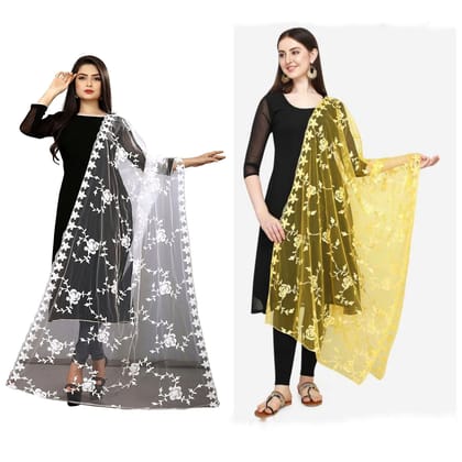 Kaaj Buttons Women's Net Fabric Embroidery Floral Work Combo Dupatta (Color :- White & Yellow)