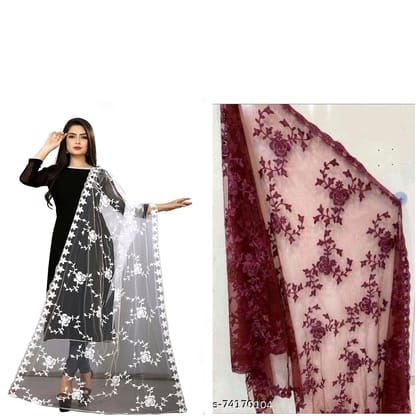 Kaaj Buttons Women's net fabric Embroidery floral work Combo Dupatta (Color :- WHITE & Maroon)