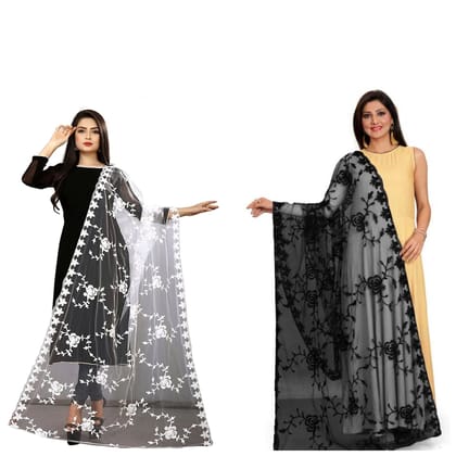 Kaaj Buttons Women's net fabric Embroidery floral work Combo Dupatta (Color :- WHITE & BLACK)