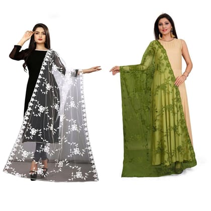 Kaaj Buttons Women's net fabric Embroidery floral work Combo Dupatta (Color :- White & Mehndi)