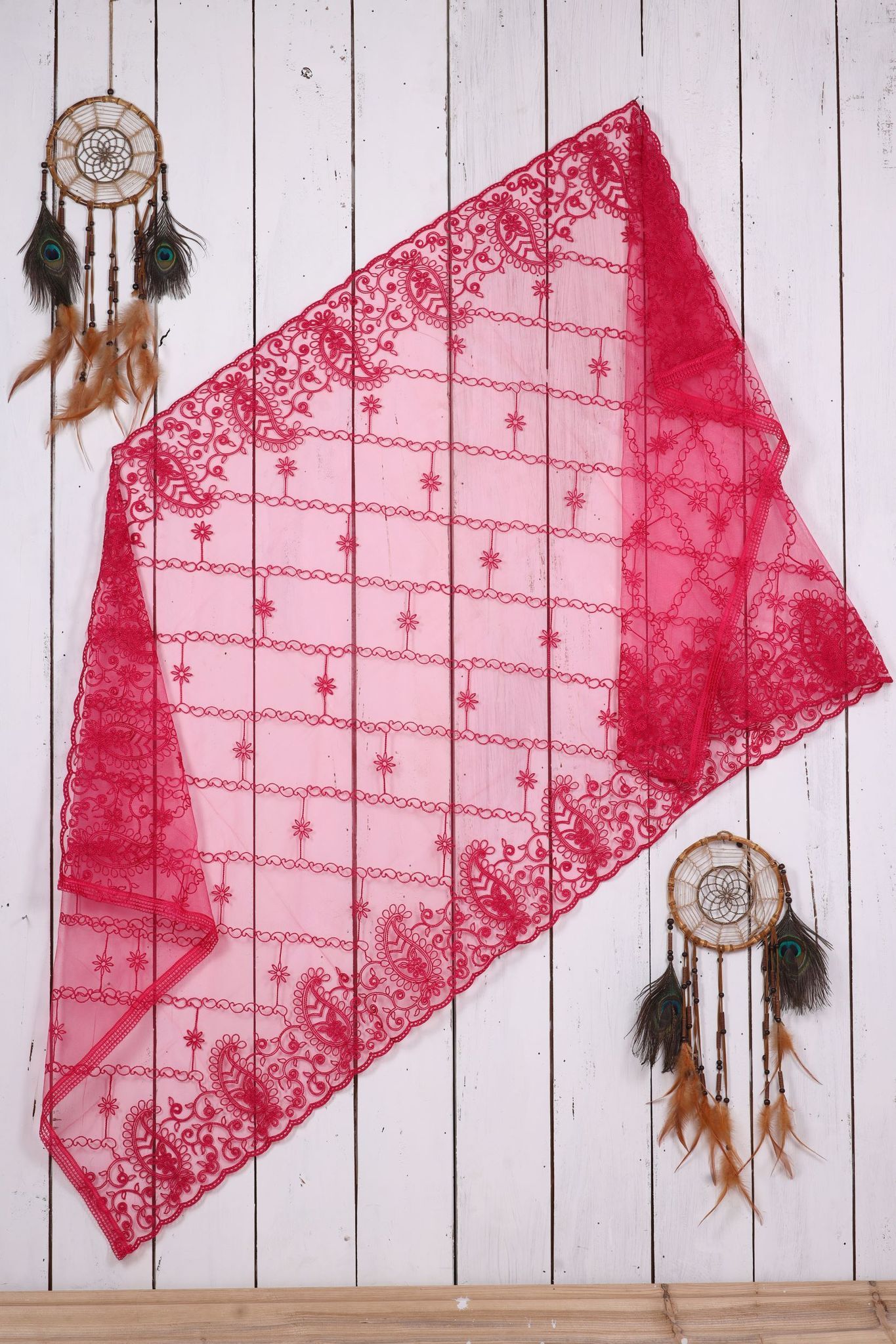 Women Net Embroidered Fancy Cut Work Dupatta (Color :- Rani-Pink)