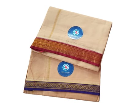 Jinka Lakshmi Collections 100% Handloom Biege Color Cotton Dhoti With Zari Border Up and Down 4 Meters Unstitched Pack of 2 (Multicolor-08)