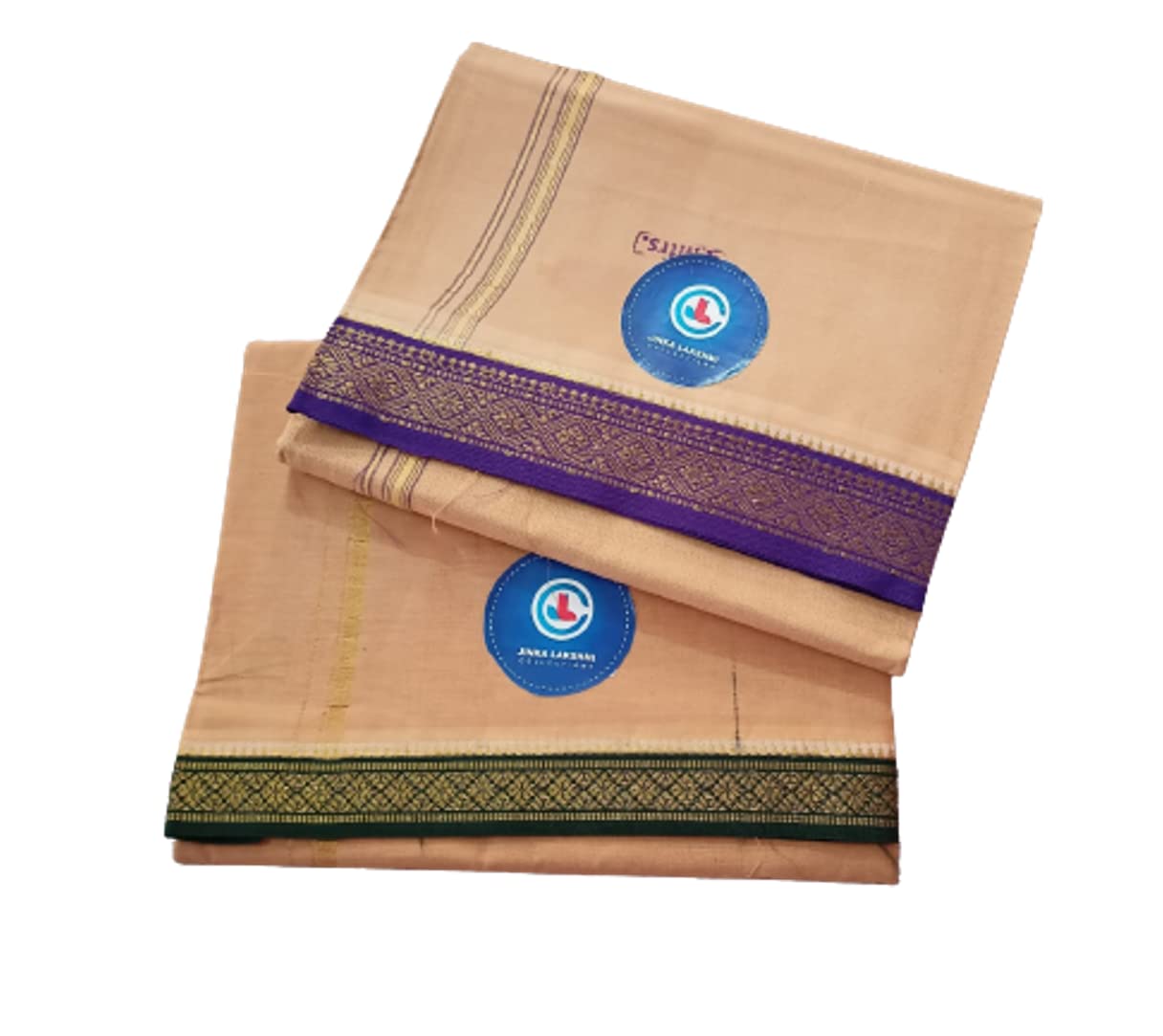 Jinka Lakshmi Collections 100% Handloom Biege Color Cotton Dhoti With Zari Border Up and Down 4 Meters Unstitched Pack of 2 (Multicolor-03)