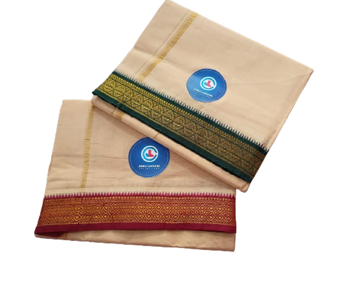 Jinka Lakshmi Collections 100% Handloom Cotton Biege Color Dhoti With Zari Border Up and Down 4 Meters Unstitched Pack of 2 (Multicolor-03)