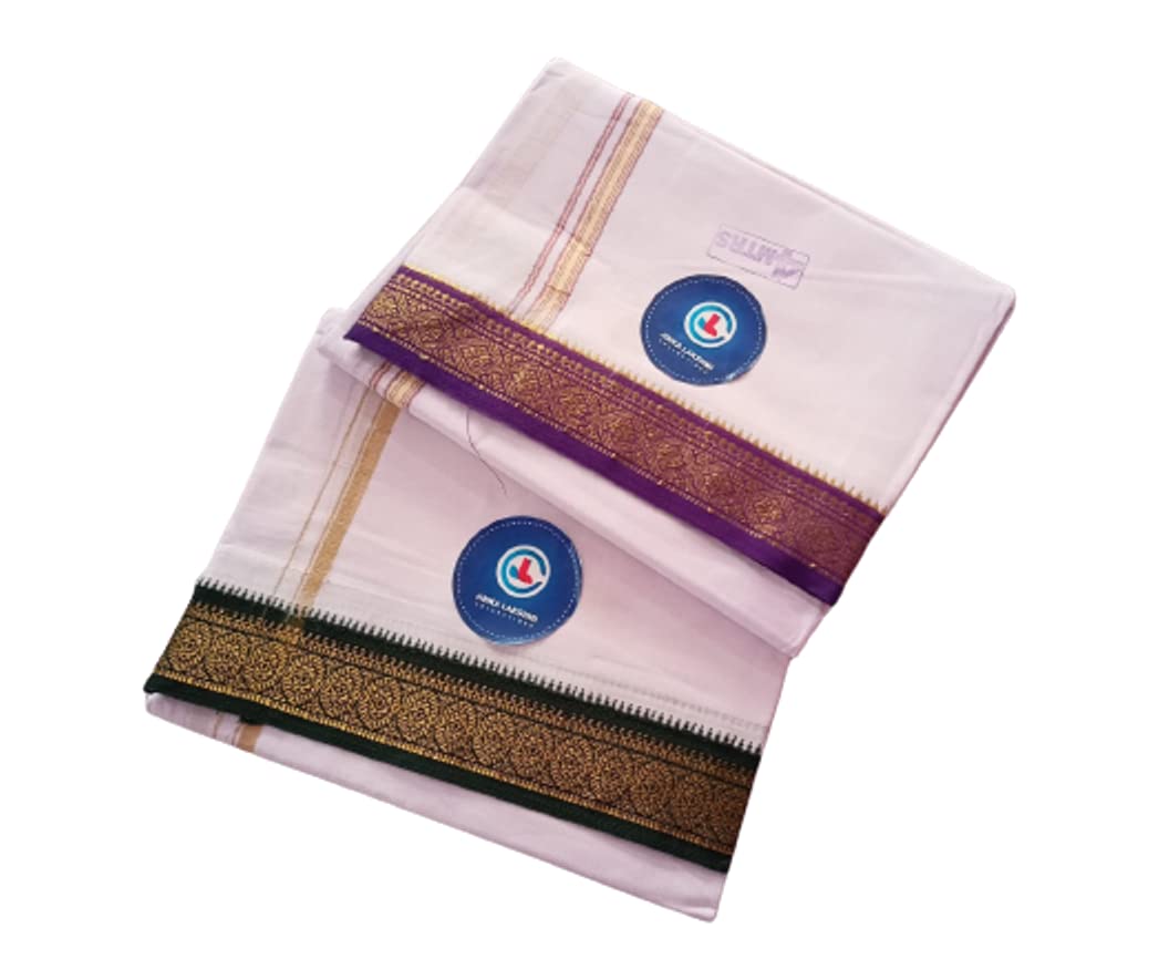 Jinka Lakshmi Collections Combo Handloom White Cotton Dhoti With Big Borders 4 Meters Unstitched Pack of 2 (Multicolor-3)