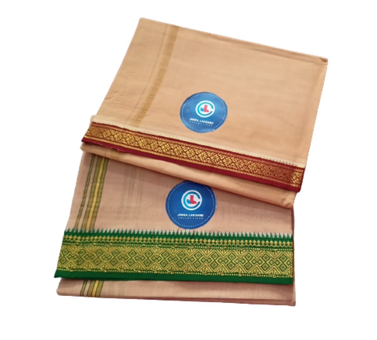 Jinka Lakshmi Collections 100% Handloom Biege Color Cotton Dhoti With Zari Border Up and Down 4 Meters Unstitched Pack of 2 (Multicolor-04)